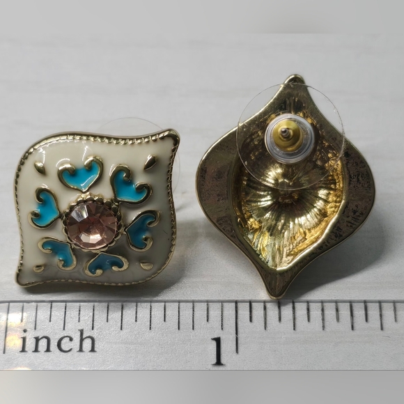 Vintage Style Enamel, Rhinestone Gold Tone Earrings - Picture 2 of 6